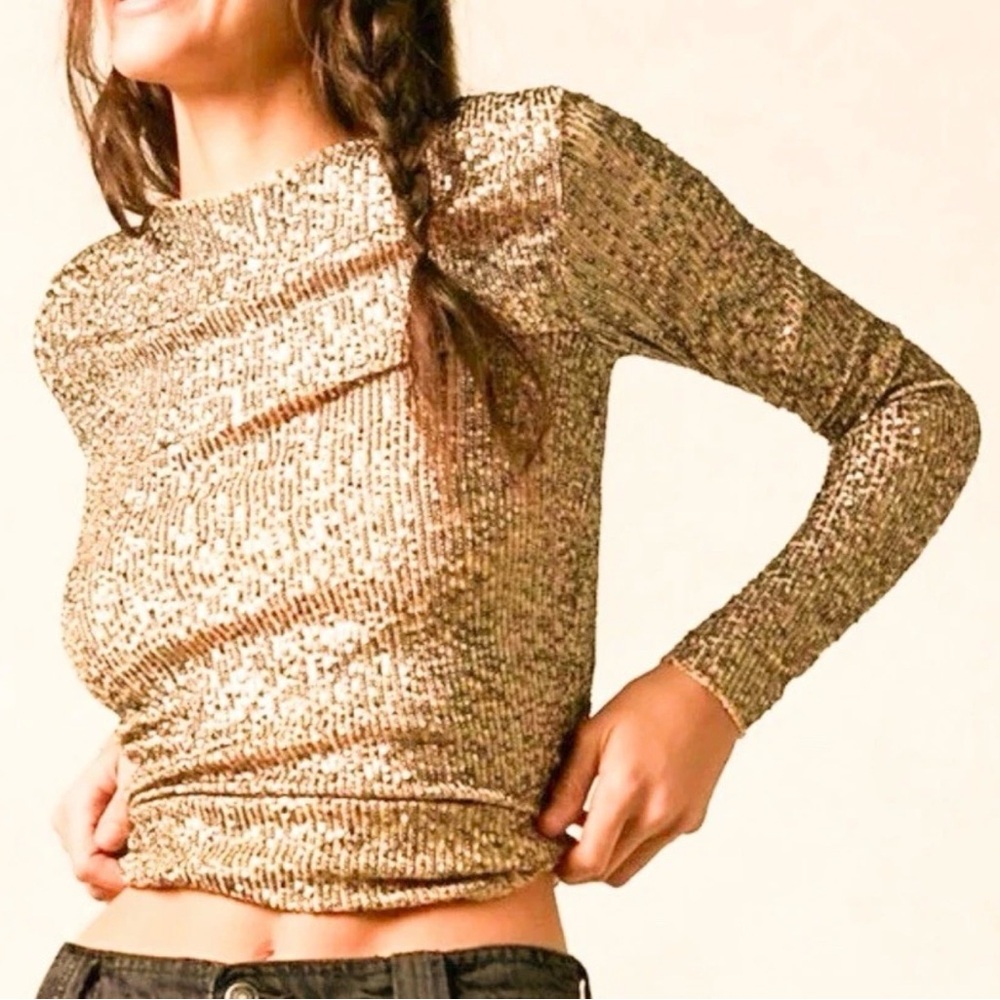 FREE PEOPLE Gold Sequin Top Gold Rush Long Sleeve Tee Metallic Size M